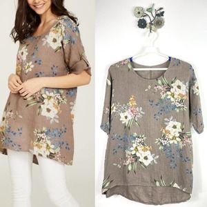 Ornella Paris Purolino Floral Linen Scoop Neck Top Tunic Women's Size XL-XXL